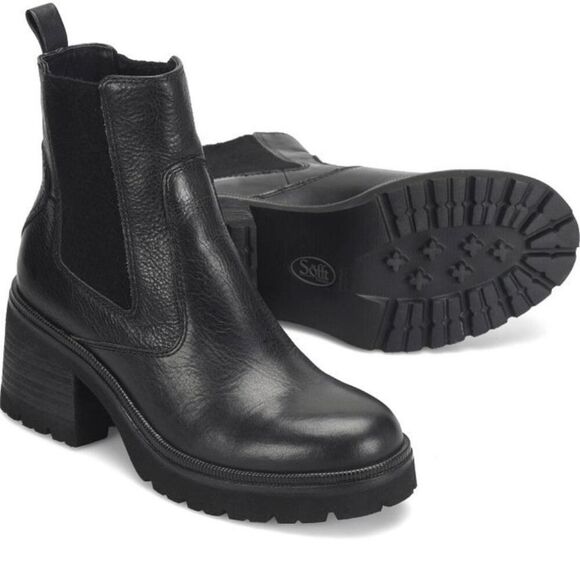 Sofft Aqua Jordie Black Leather Rabbit Fur Chelsea Slip On Boots Lug Sole 9.5 - Picture 1 of 9